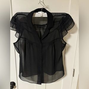 Ann Taylor Black Sheer Ruffle Sleeve Button-Front Blouse
